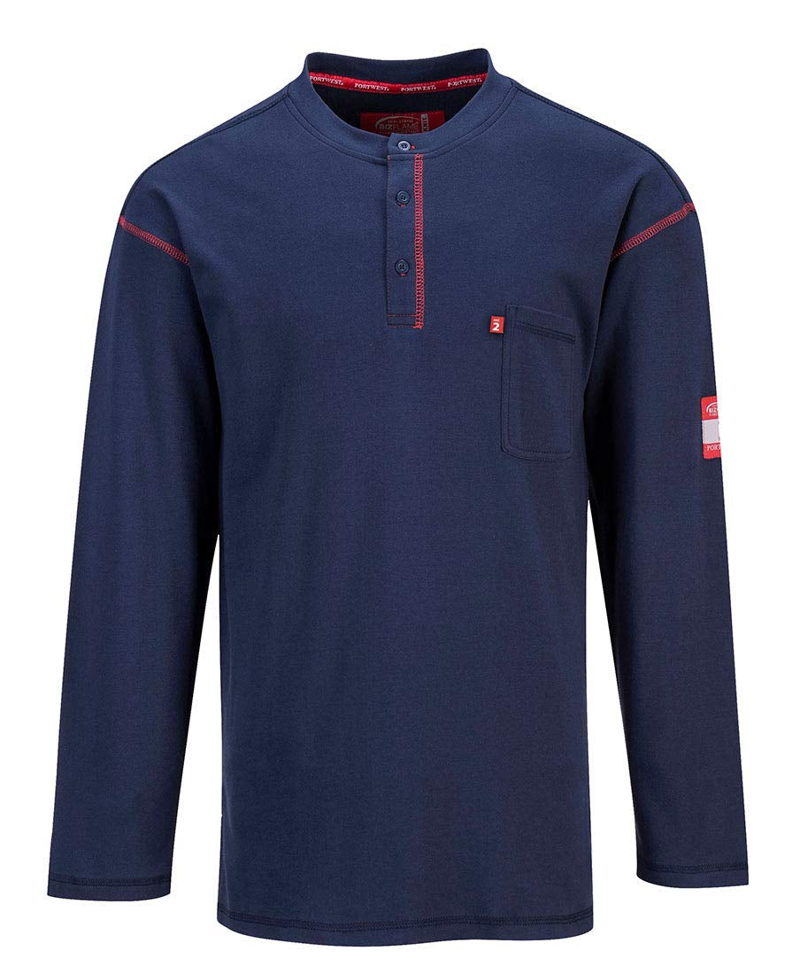 FR02 Bizflame Flame Resistant Henley Long Sleeve Sweatshirt Navy, Xx-Large