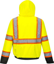 US367 Hi Vis 2 in 1 Bomber Jacket Waterproof Two Way Zip with Pack Away Hood, Yellow/Black, 7XL