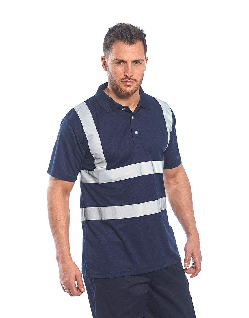 Iona Polo Shirt Hi Vis Visibility Reflective Short Sleeve Work Wear Top, Navy, 5XL