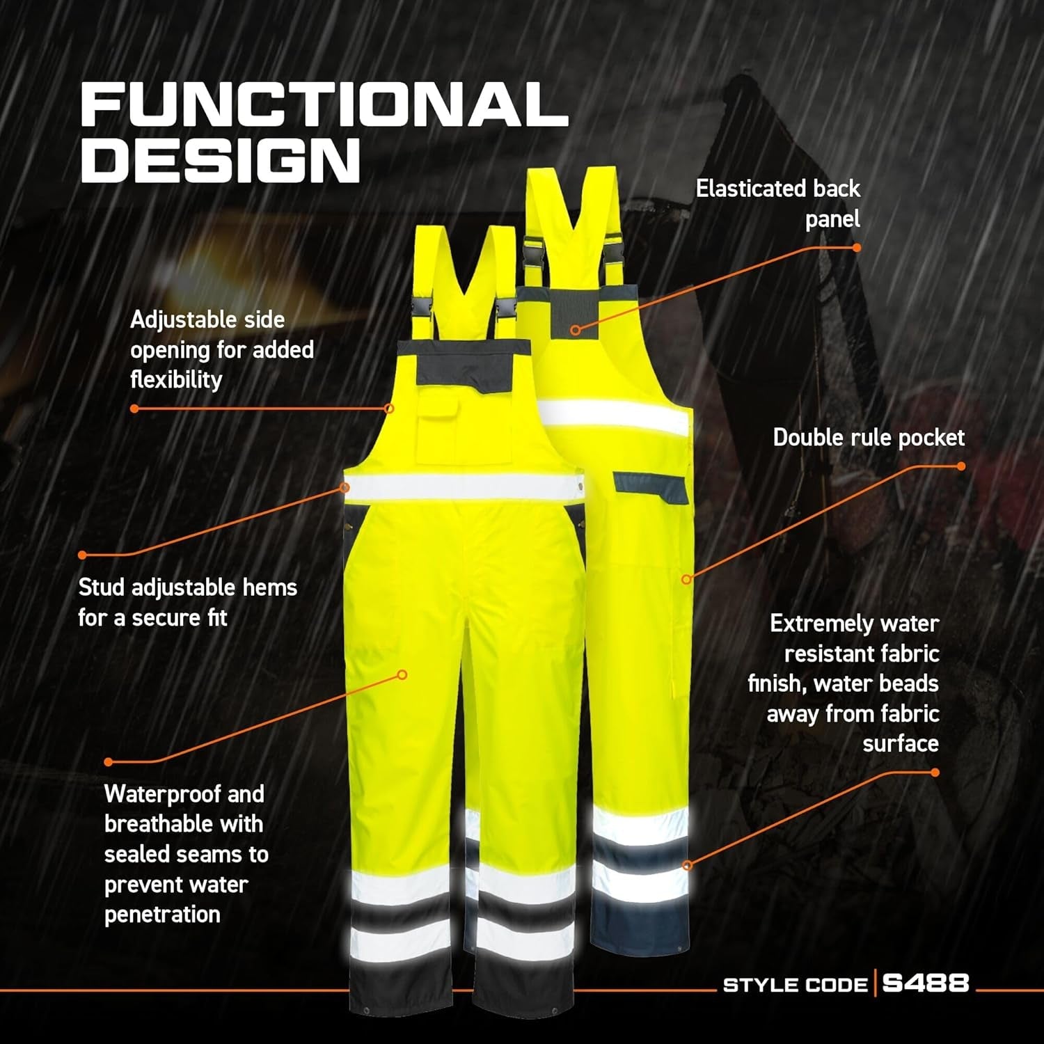 S488 Waterproof Hi Vis Safety Overalls, Contrast Bib and Brace Breathable Workwear Yellow/Black, Large