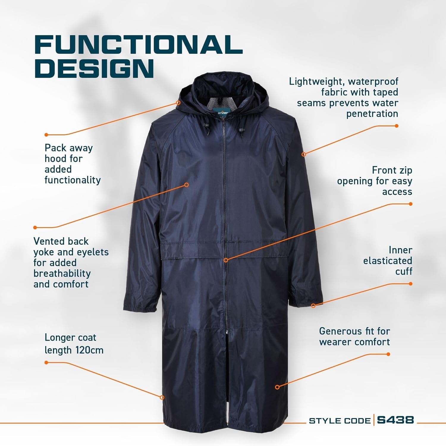 S438 Classic Hooded Rain Coat with Long 47" Waterproof Protection, Navy, XXL